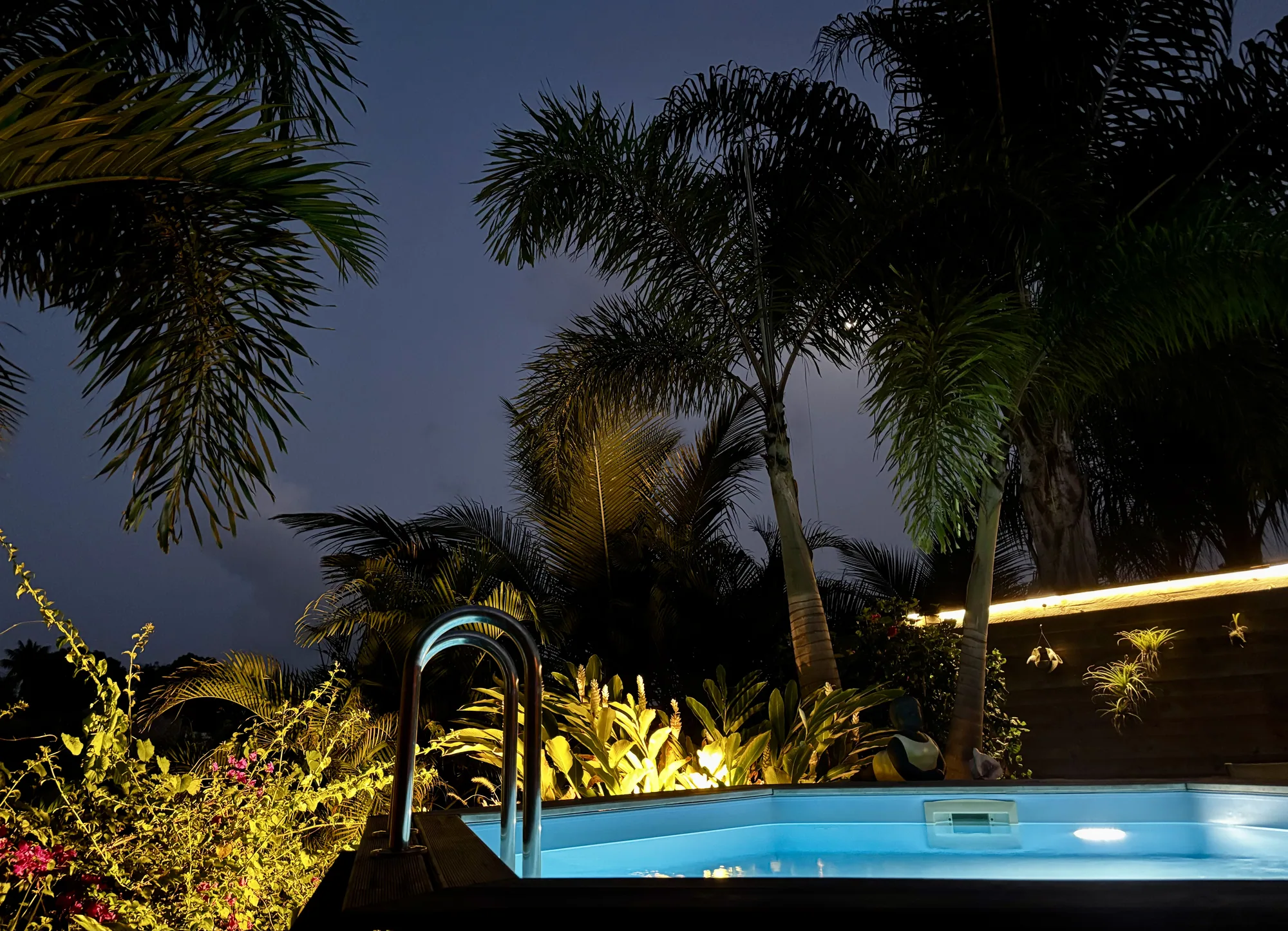 Terrasse et piscine éclairées la nuit