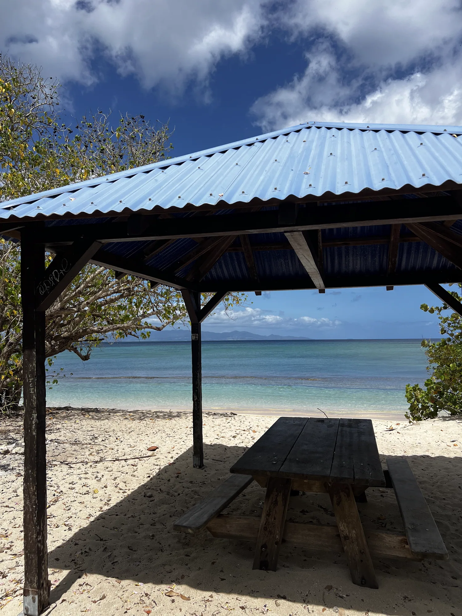 Carbet et table de pique-nique en bord de mer